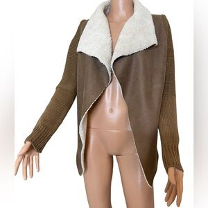 Cavalini Faux Sherpa Fur Taupe Sweater Jacket brown and white faux fur SZ SM tan